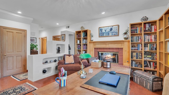 535 Cacahuate SW, Albuquerque, NM 87105 - living area featuring wood finished floors, a fireplace, and recessed lighting