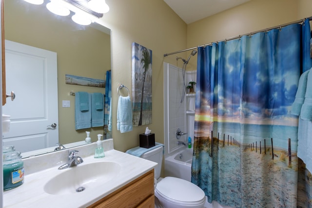full bathroom with vanity, shower / bathtub combination with curtain, and toilet