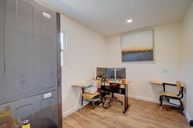 office featuring baseboards, recessed lighting, and wood finished floors