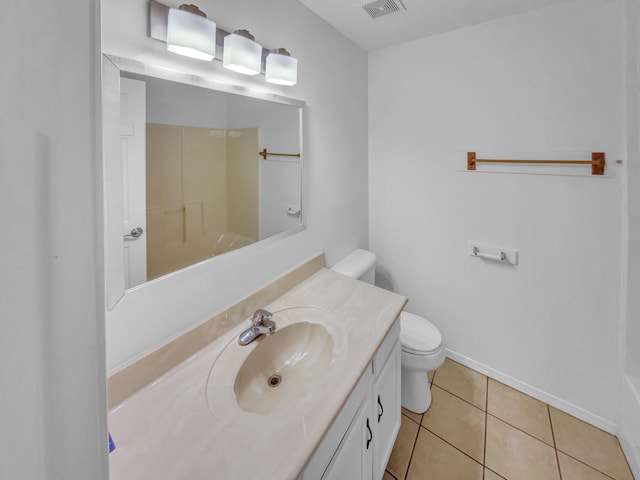 bathroom with visible vents, tile patterned flooring, vanity, toilet, and baseboards
