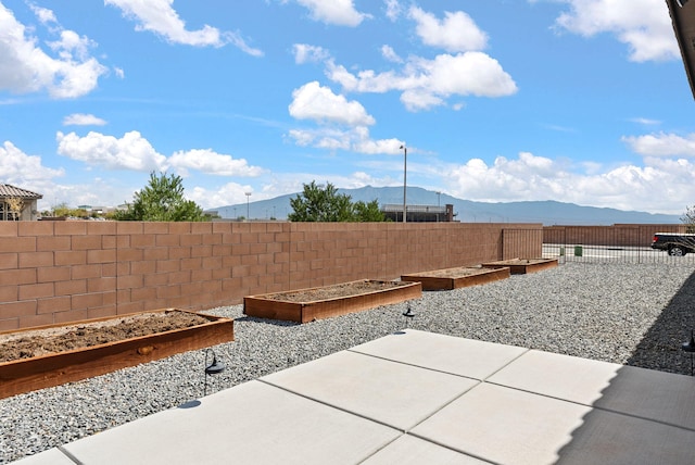 view of yard featuring a patio, a fenced backyard, a garden, and a mountain view