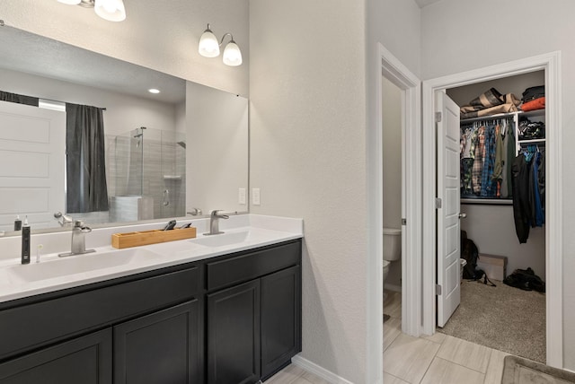 full bath with a sink, a shower stall, double vanity, and a spacious closet
