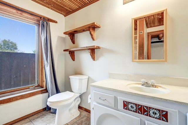 545 Atrisco Dr NW, Albuquerque, NM 87105 - bathroom featuring tile patterned flooring, vanity, toilet, baseboards, and wood ceiling