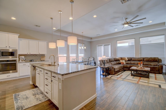 7408 Molas Rd NW, Albuquerque, NM 87114 - kitchen featuring stainless steel appliances, a sink, open floor plan, light wood-type flooring, and ceiling fan