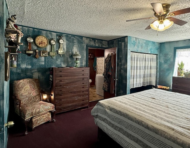 10 Cliffside Dr, Ramah, NM 87321 - bedroom with ceiling fan, carpet flooring, wallpapered walls, and a textured ceiling