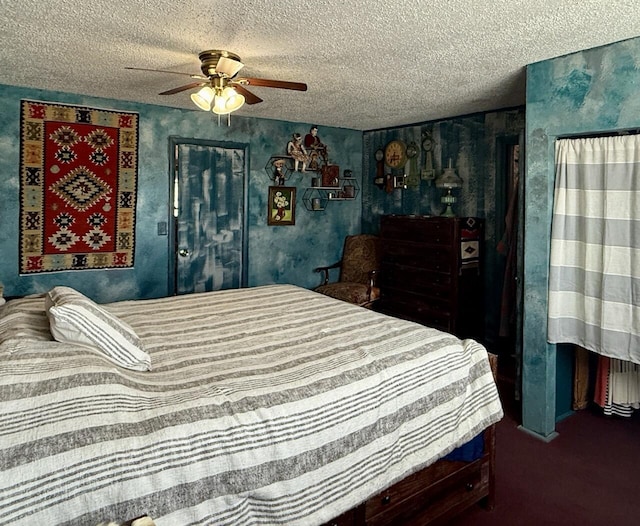 10 Cliffside Dr, Ramah, NM 87321 - carpeted bedroom featuring a textured ceiling, wallpapered walls, and a ceiling fan