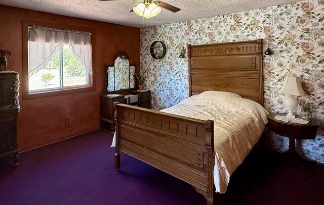 10 Cliffside Dr, Ramah, NM 87321 - carpeted bedroom featuring baseboards, ceiling fan, wallpapered walls, and a textured ceiling