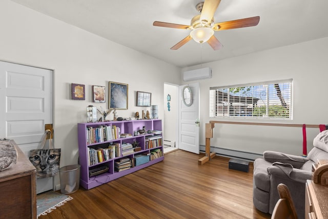 living area featuring a ceiling fan, a wall mounted air conditioner, wood finished floors, a baseboard radiator, and a baseboard heating unit