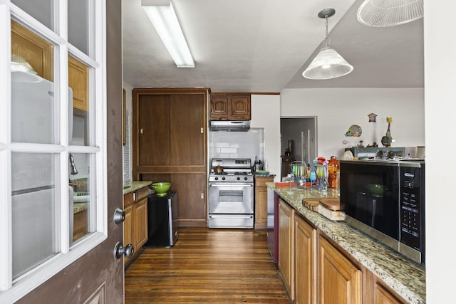 kitchen with brown cabinets, light stone counters, stainless steel appliances, dark wood-type flooring, and under cabinet range hood