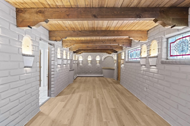 hall with wood ceiling, beam ceiling, brick wall, and wood finished floors