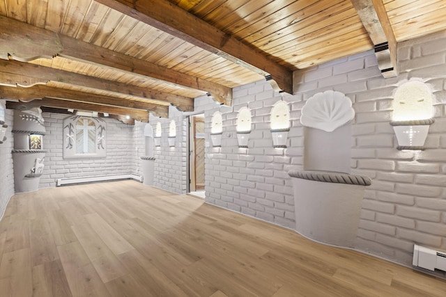 interior space featuring wooden ceiling, a baseboard radiator, brick wall, and wood finished floors