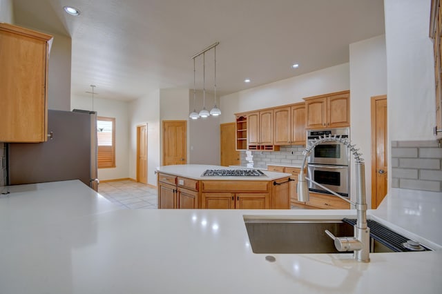 3728 Spyglass Loop SE, Rio Rancho, NM 87124 - kitchen featuring open shelves, pendant lighting, light countertops, appliances with stainless steel finishes, and decorative backsplash