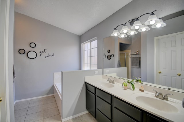 9811 Saragossa St NW, Albuquerque, NM 87114 - full bathroom with a sink, a shower stall, double vanity, and lofted ceiling