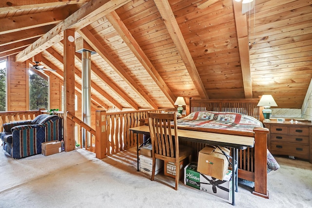 interior space featuring wood ceiling, vaulted ceiling with beams, carpet, and wood walls