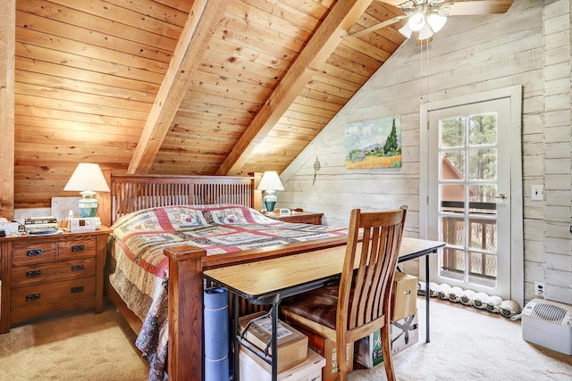 bedroom featuring vaulted ceiling with beams, wood walls, light carpet, and wood ceiling