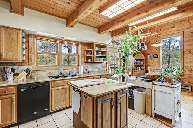 kitchen with a sink, dishwasher, wood counters, beamed ceiling, and wood ceiling