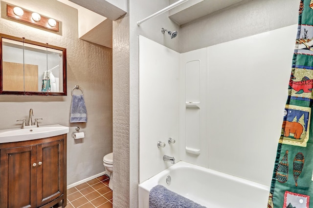 full bath with tile patterned flooring, shower / tub combo, vanity, toilet, and a textured wall