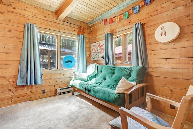 sitting room featuring wood walls, baseboard heating, wooden ceiling, and a healthy amount of sunlight