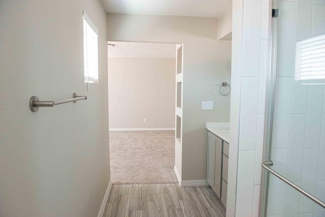 full bathroom featuring baseboards, a shower with door, wood finished floors, and a wealth of natural light