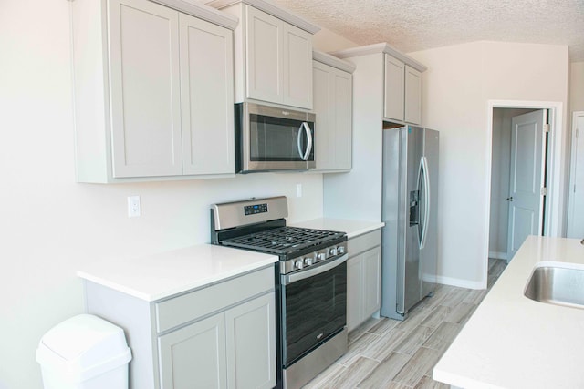 kitchen featuring light wood finished floors, light countertops, a textured ceiling, stainless steel appliances, and baseboards