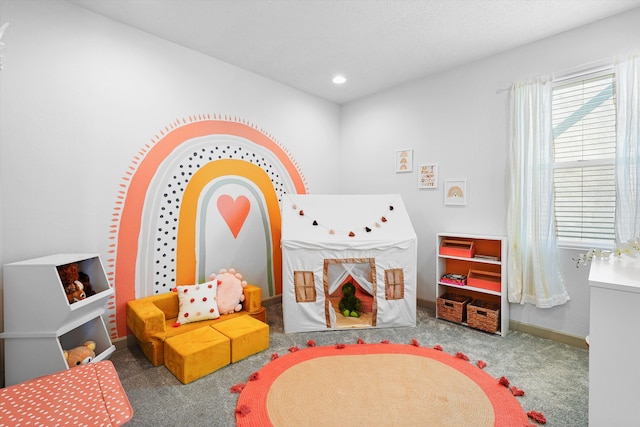 playroom with carpet floors, baseboards, and recessed lighting