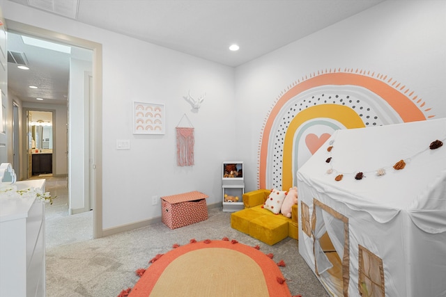 playroom featuring recessed lighting, baseboards, visible vents, and carpet