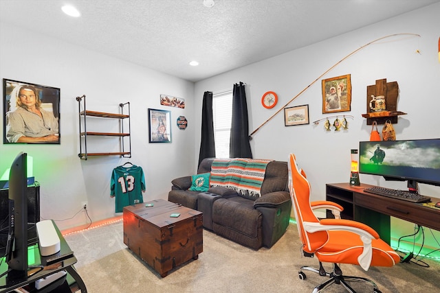 carpeted office featuring recessed lighting and a textured ceiling