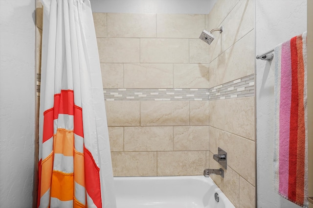 full bathroom with shower / bathtub combination with curtain