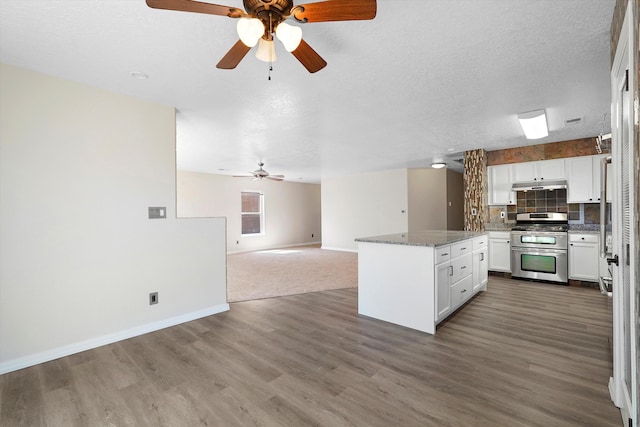 7700 Briar Ridge Ave NW, Albuquerque, NM 87114 - kitchen featuring baseboards, open floor plan, ceiling fan, and range with two ovens
