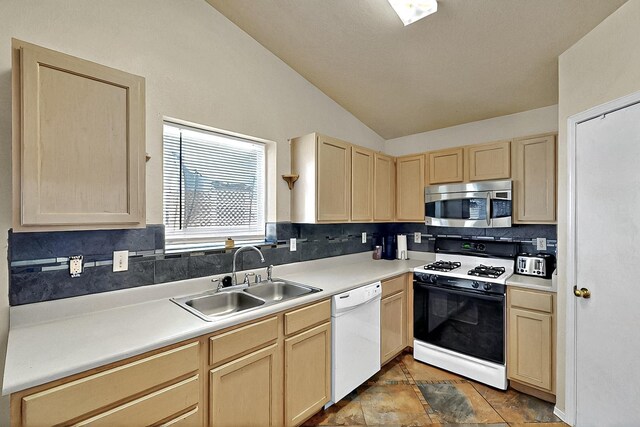 5401 Crown Ridge Rd NW, Albuquerque, NM 87114 - kitchen with stainless steel microwave, range with gas cooktop, dishwasher, a sink, and light brown cabinetry