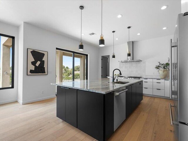 19 Anasazi Trl, Sandia Park, NM 87047 - kitchen featuring modern cabinets, a sink, light wood finished floors, stainless steel appliances, and wall chimney exhaust hood