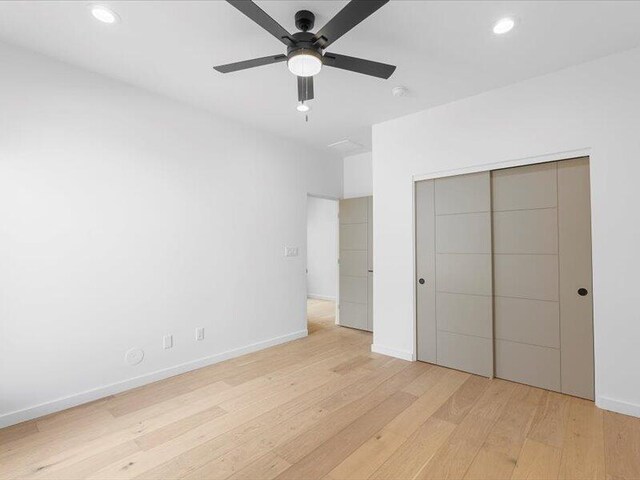 19 Anasazi Trl, Sandia Park, NM 87047 - unfurnished bedroom with ceiling fan, light wood finished floors, recessed lighting, baseboards, and a closet