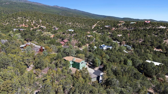 birds eye view of property with a wooded view and a mountain view