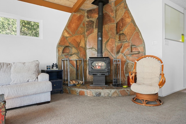 carpeted living area with a wood stove