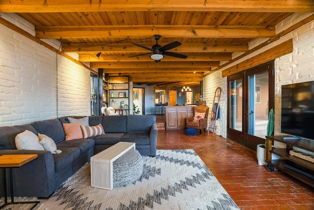 living area featuring wood ceiling, ceiling fan, french doors, and brick wall