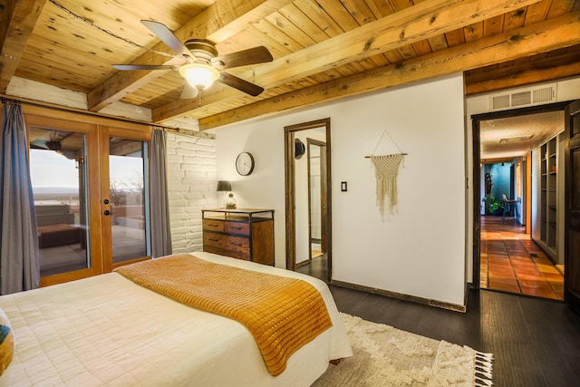 bedroom featuring access to outside, french doors, beamed ceiling, visible vents, and wood ceiling