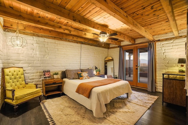 bedroom featuring wood ceiling, brick wall, access to exterior, and french doors