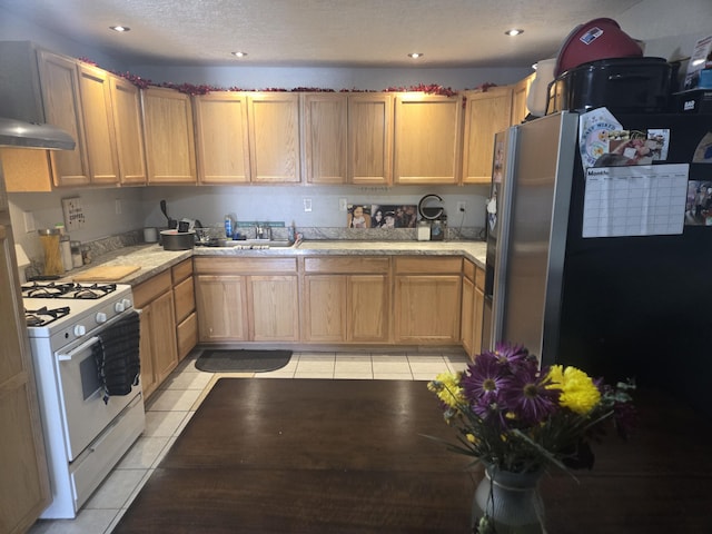 908 W Chavez Ave, Belen, NM 87002 - kitchen featuring freestanding refrigerator, white gas stove, a sink, and light countertops