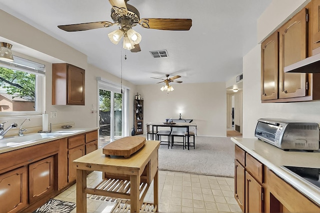 1513 Muriel St NE, Albuquerque, NM 87112 - kitchen with light countertops, ceiling fan, and light carpet