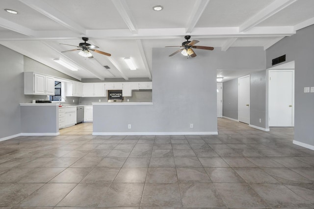 7225 Ticonderoga Rd NE, Albuquerque, NM 87109 - unfurnished living room featuring baseboards, lofted ceiling with beams, a ceiling fan, and visible vents