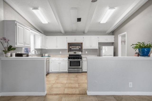 7225 Ticonderoga Rd NE, Albuquerque, NM 87109 - kitchen with white cabinets, lofted ceiling with beams, white appliances, light countertops, and visible vents
