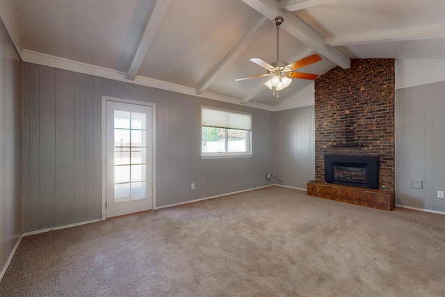 6625 Barnhart St NE, Albuquerque, NM 87109 - unfurnished living room featuring carpet flooring, ceiling fan, vaulted ceiling with beams, and a fireplace