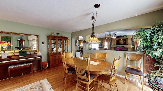 dining space featuring arched walkways, a ceiling fan, a textured ceiling, and wood finished floors