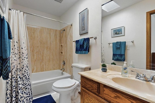 full bath with toilet, visible vents, shower / bath combination with curtain, and vanity