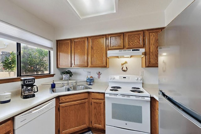 kitchen featuring a sink, brown cabinets, under cabinet range hood, and white appliances