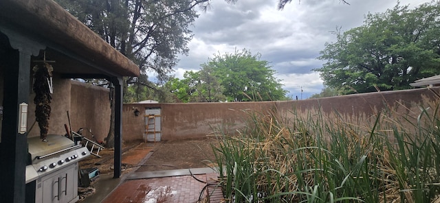 exterior space featuring area for grilling and a fenced backyard
