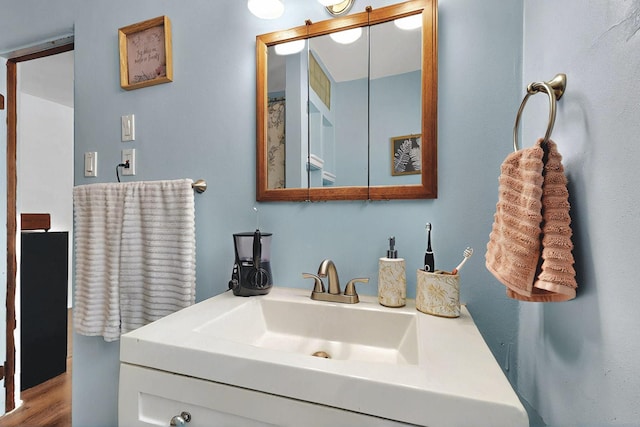 bathroom with wood finished floors and vanity