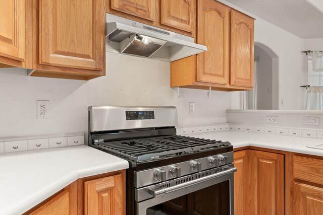 2105 Gila River Rd NE, Rio Rancho, NM 87144 - kitchen with stainless steel gas range, under cabinet range hood, light countertops, and arched walkways