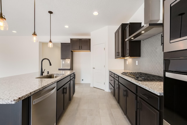 6791 Sydney Dr NE, Rio Rancho, NM 87144 - kitchen with stainless steel appliances, a sink, wall chimney range hood, tasteful backsplash, and light tile patterned floors