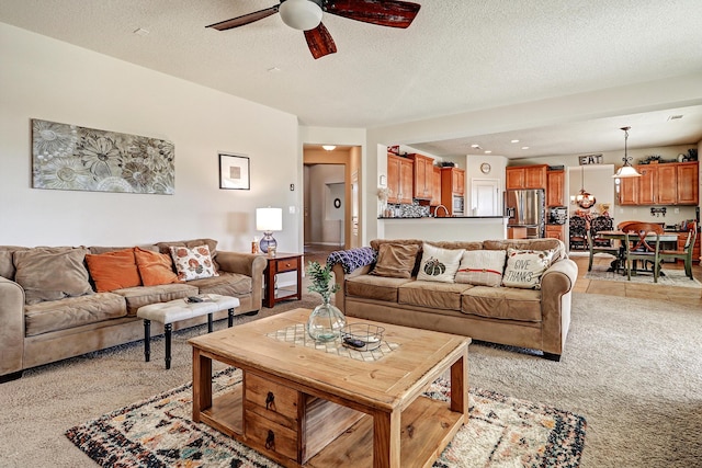 15 Los Miradores Dr NE, Rio Rancho, NM 87124 - living area with light carpet, ceiling fan, a textured ceiling, and recessed lighting
